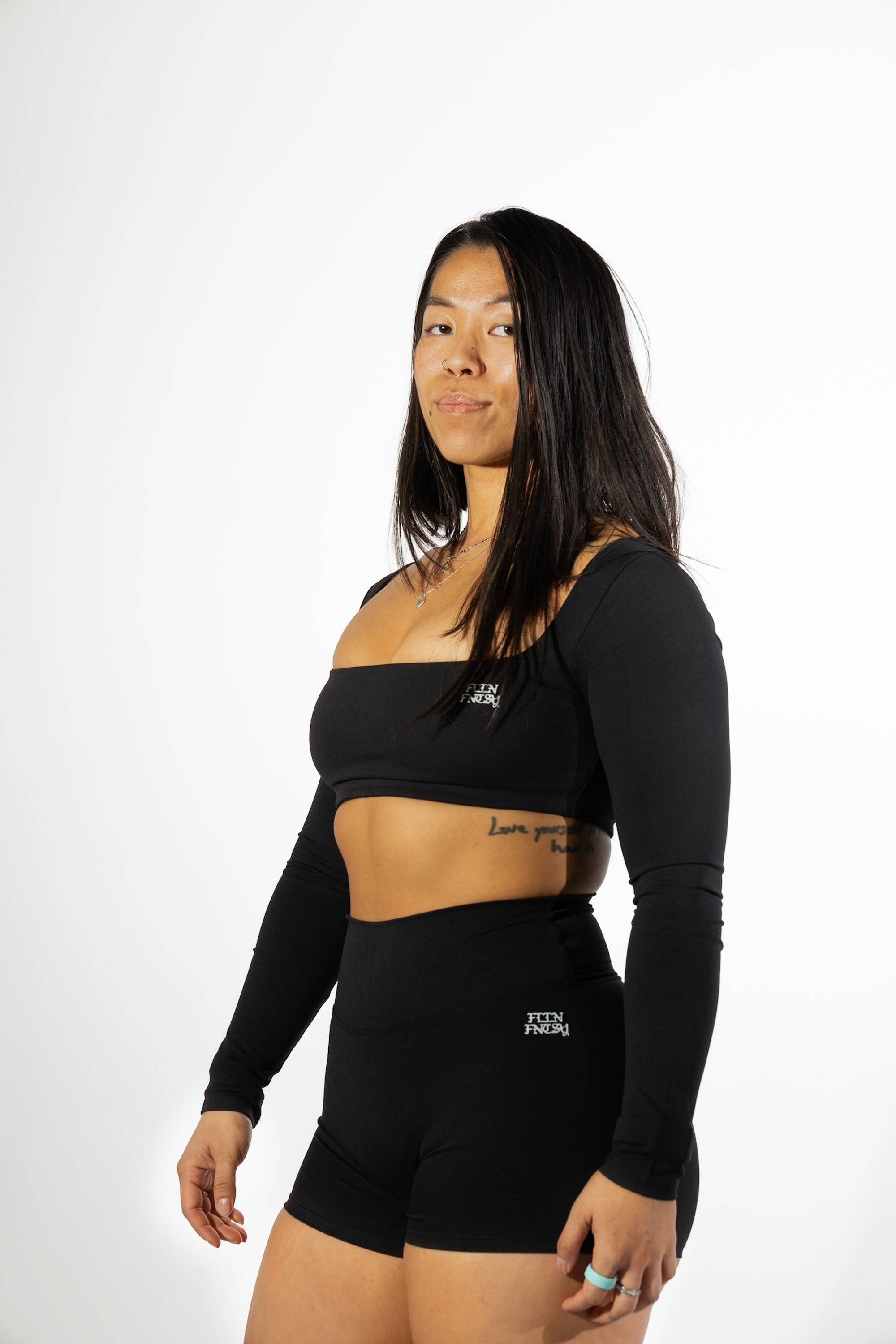 NUDE LONG SLEEVE CROP TOP + HIGH WAIST SHORTS 2-PIECE SET
