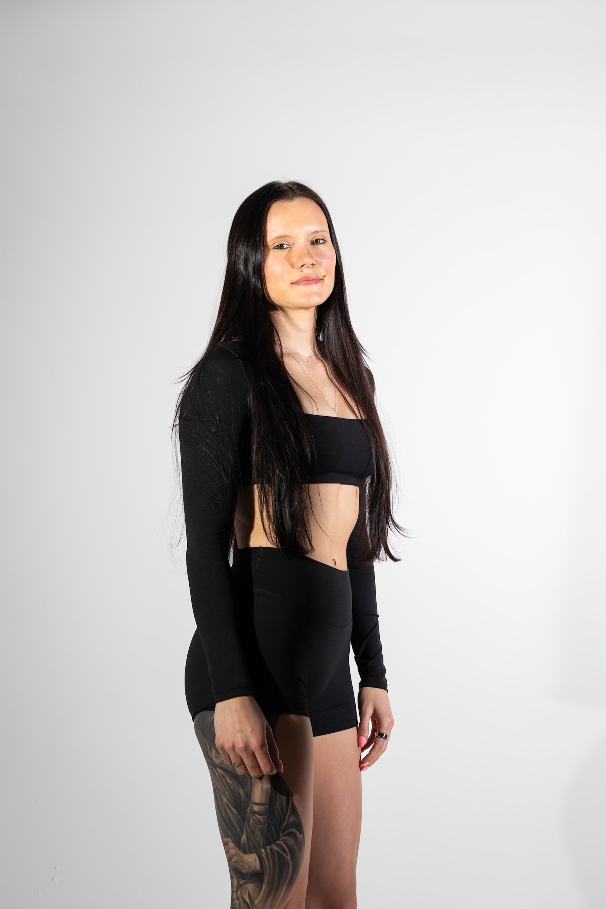 NUDE LONG SLEEVE CROP TOP + HIGH WAIST SHORTS 2-PIECE SET