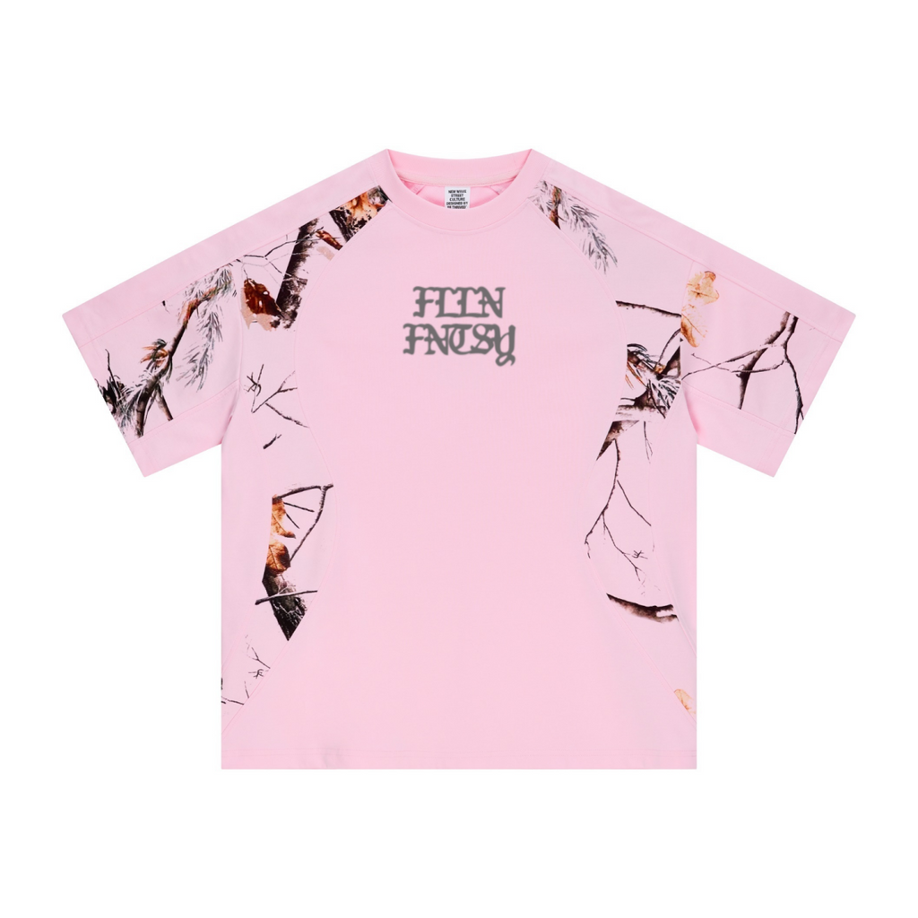 240GSM Men’s Heat-Transfer Branch Print Structured Panel T-shirt Light Pink